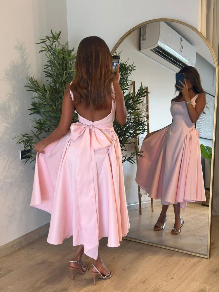 Cute A Line Straps Pink Satin Tea Length Classy Prom Dress With Bow