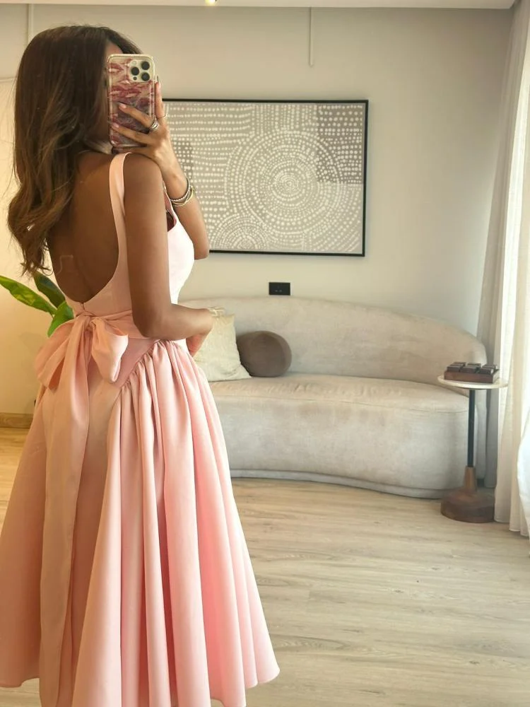 Cute A Line Straps Pink Satin Tea Length Classy Prom Dress With Bow