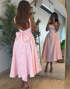 Cute A Line Straps Pink Satin Tea Length Classy Prom Dress With Bow
