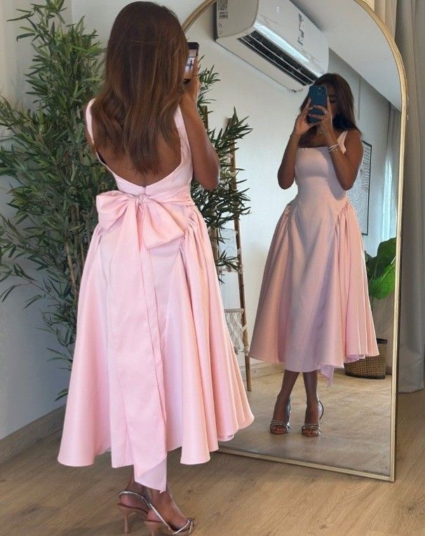 Cute A Line Straps Pink Satin Tea Length Classy Prom Dress With Bow