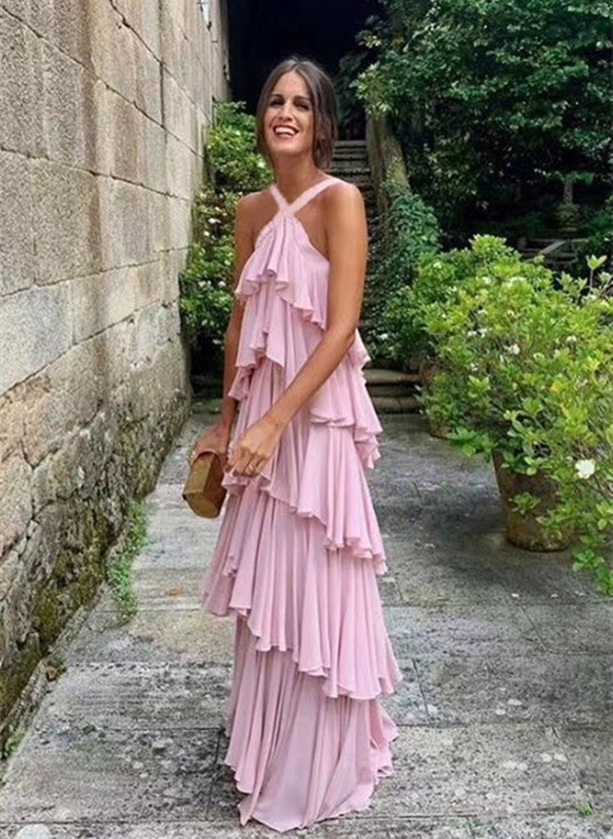 Cute A Line Straps Tiered Chiffon Long Classy Prom Dress, Pink Bridesmaid Dress