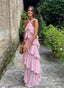 Cute A Line Straps Tiered Chiffon Long Classy Prom Dress, Pink Bridesmaid Dress