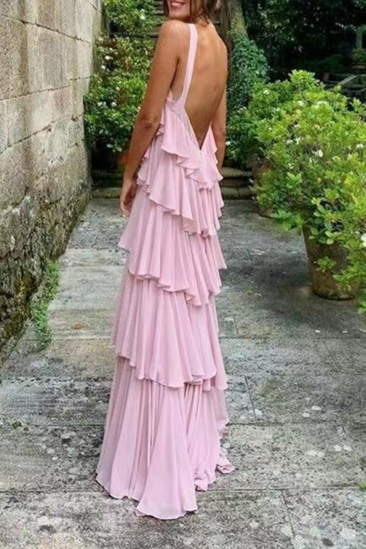 Cute A Line Straps Tiered Chiffon Long Classy Prom Dress, Pink Bridesmaid Dress Secondary image
