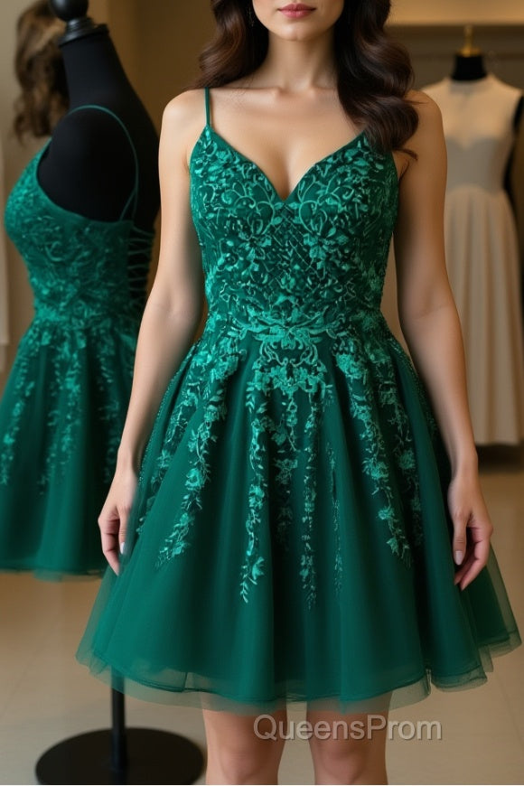 Cute A Line V Neck Backless Green Lace Evening Prom Dress, Short Backless Green Lace Formal Graduation Homecoming Dress Main image