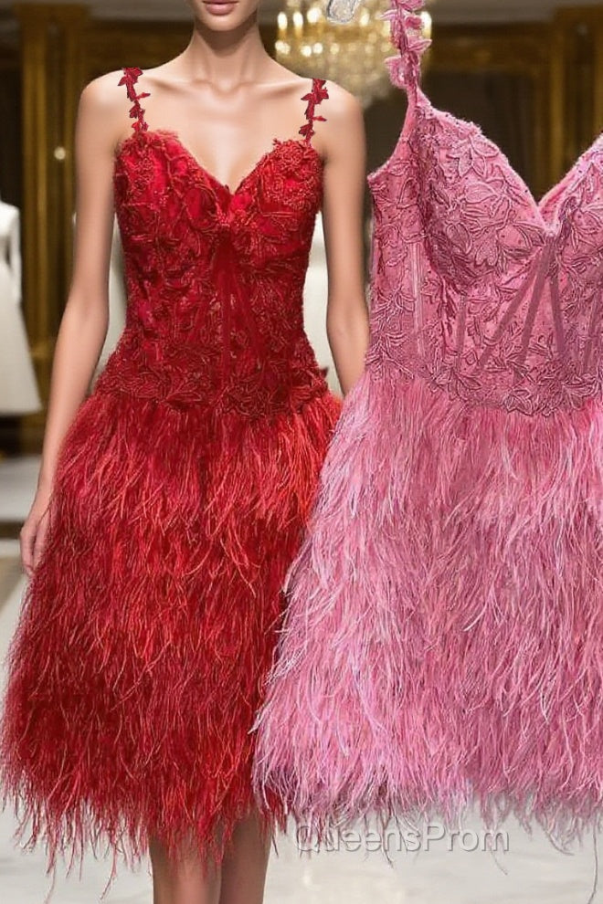 Cute Appliqued Top Short Homecoming Dress with Feather