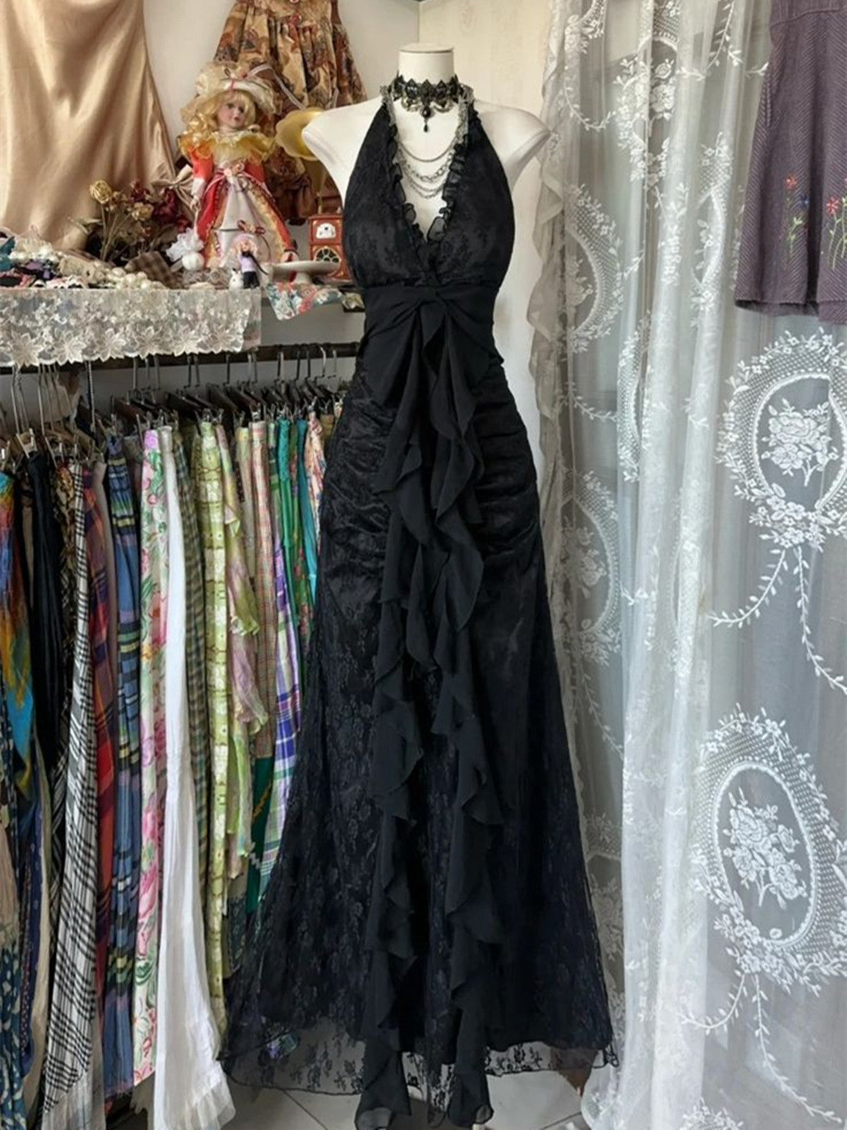 Cute Black Lace V-Neckline A-Line Halter Party Dress, Black Charming Style Classy Prom Dress Main image