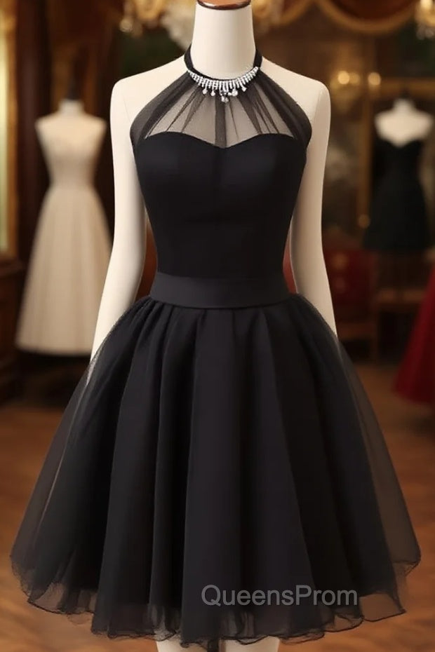 Cute Black Tulle Halter Short Homecoming Dress, Black Evening Prom Dress Main image