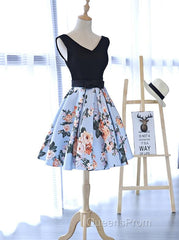 Cute Blue Floral And Black Satin Homecoming Dress In Stock, Lovely Party Dress For Teens
