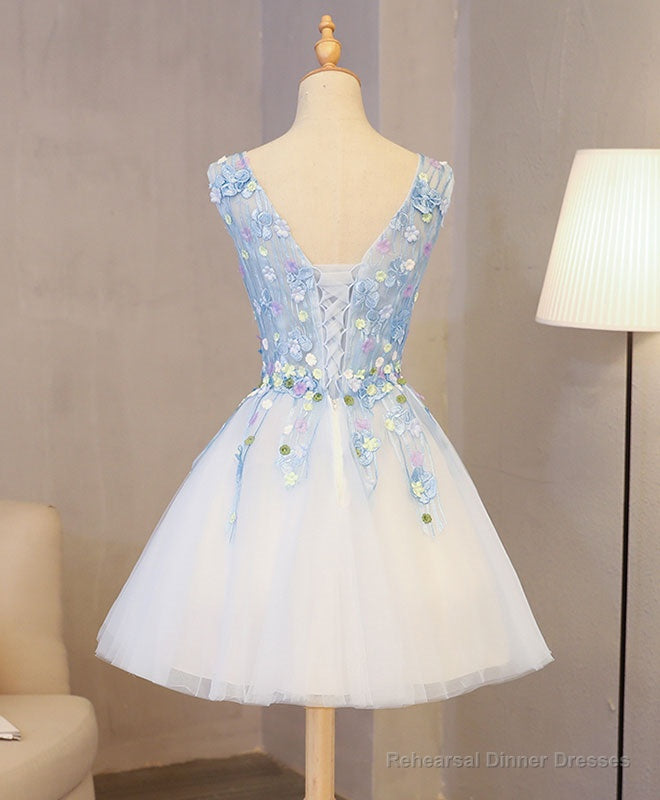 Cute Blue Lace Applique Short Prom Dress, Homecoming Dress