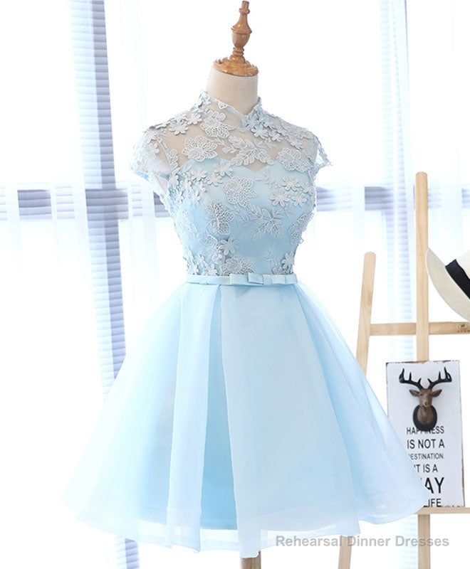 Cute Blue Lace Tulle Short Prom Dress. Cute Homecoming Dress Main image