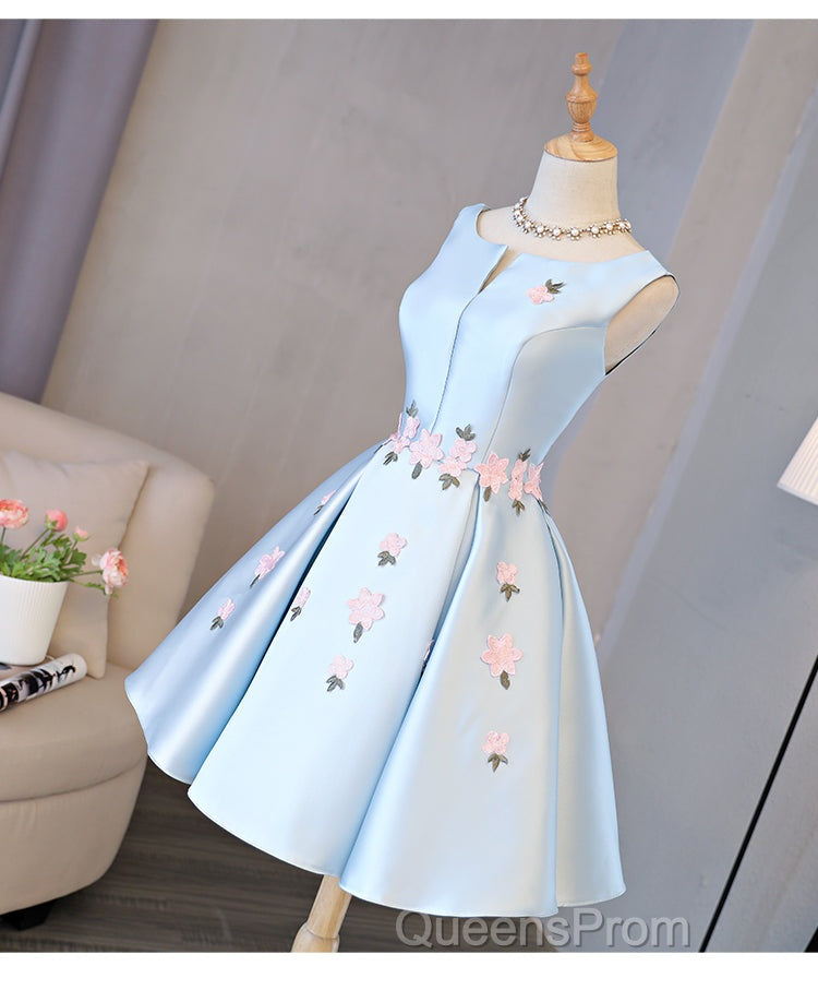 Cute Blue Satin Short Homecoming Dress Party Dress, Blue Evening Prom Dress With Flowers Secondary image