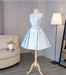 Cute Blue Satin Short Homecoming Dress Party Dress, Blue Evening Prom Dress With Flowers