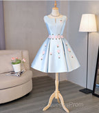 Cute Blue Satin Short Homecoming Dress Party Dress, Blue Evening Prom Dress With Flowers