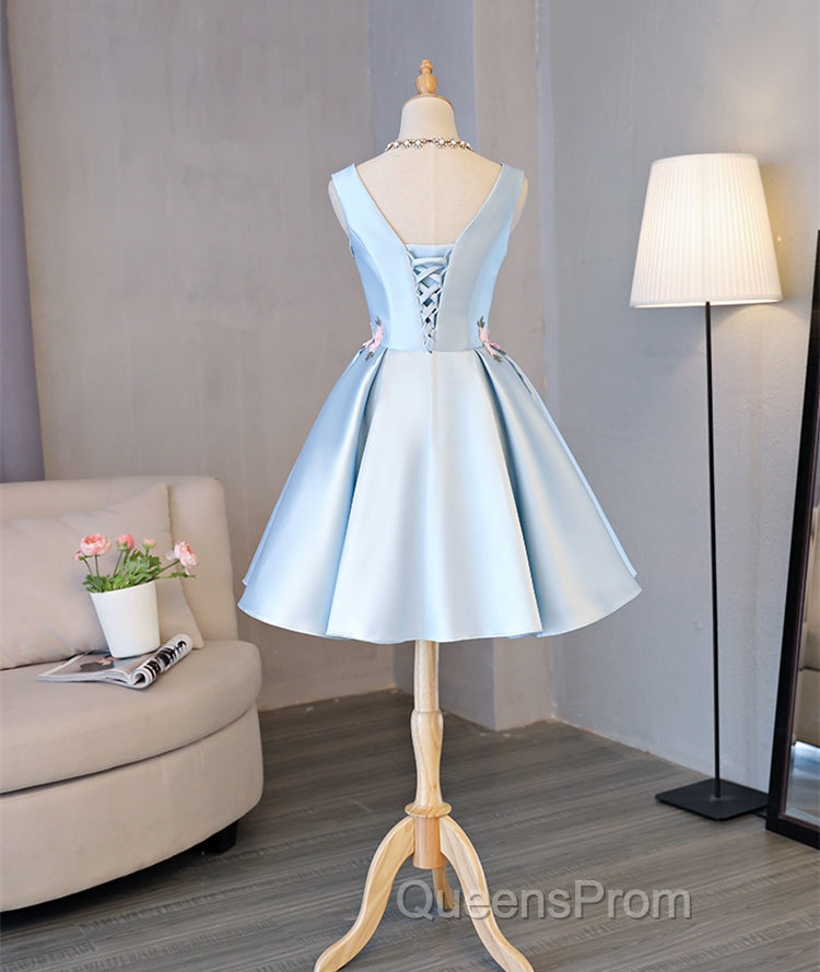 Cute Blue Satin Short Homecoming Dress Party Dress, Blue Evening Prom Dress With Flowers