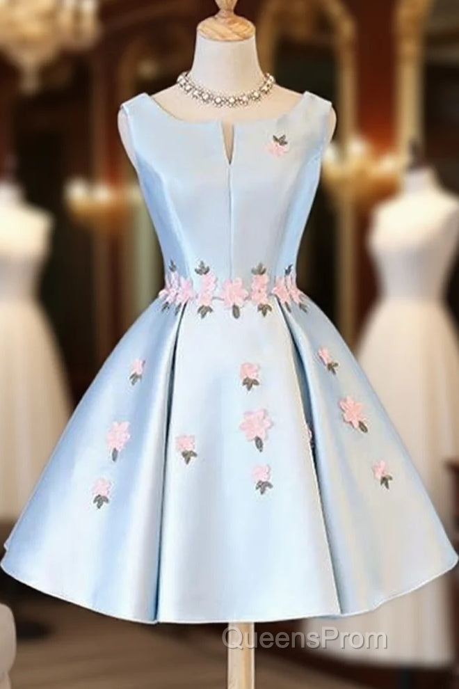 Cute Blue Satin Short Homecoming Dress Party Dress, Blue Evening Prom Dress With Flowers Main image