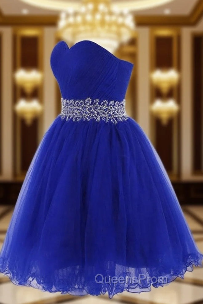 Cute Blue Sweetheart Tulle Cocktail Dress Homecoming Dress With Beading, Short Evening Prom Dress