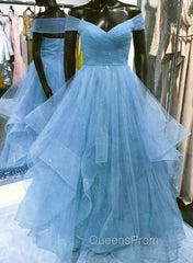 Cute Blue Tulle Sweetheart Layers Long Evening Dress, Blue Evening Gown Evening Prom Dress