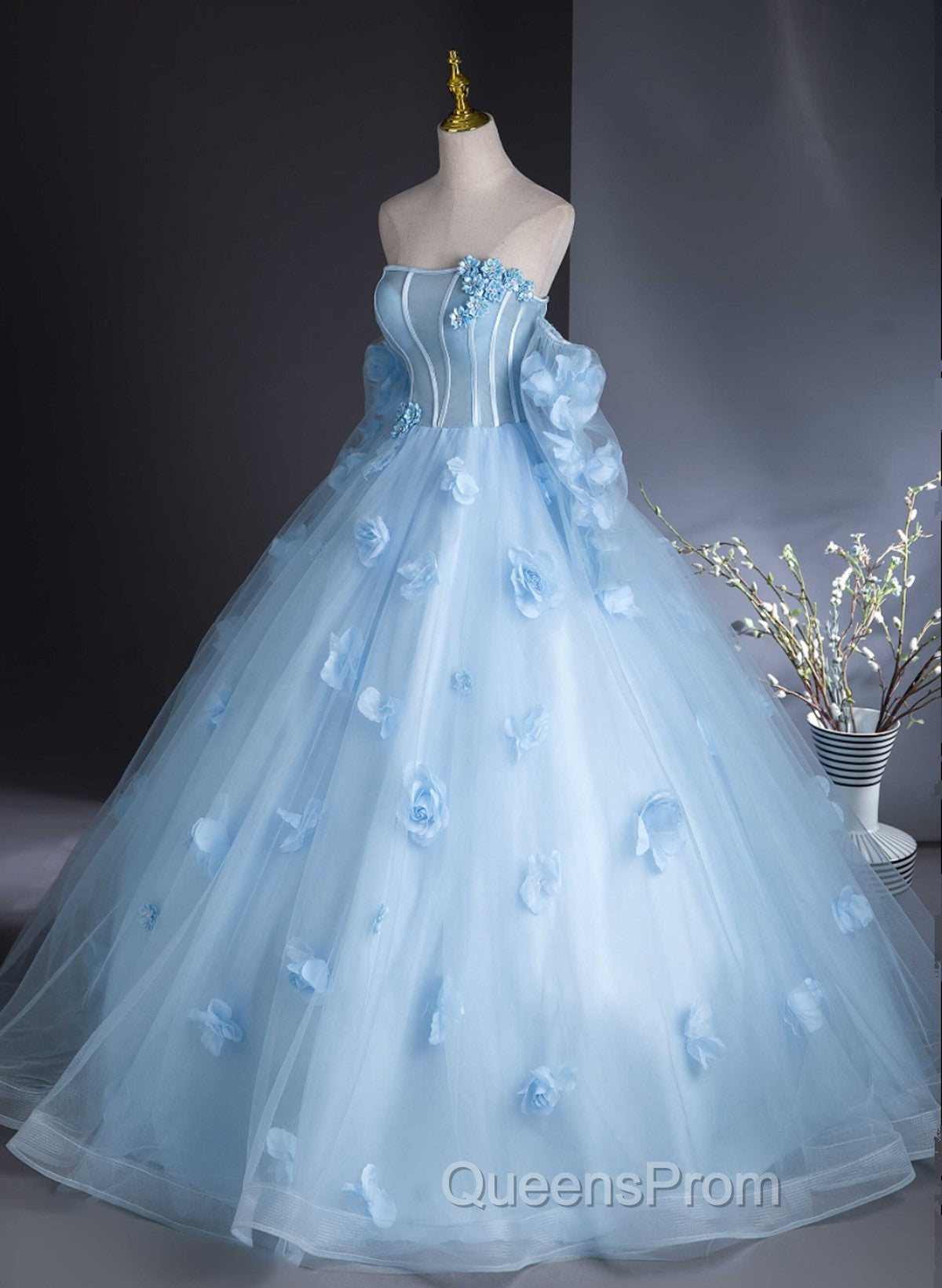 Cute Blue Tulle With Flowers Long Evening Dress, Blue Evening Gown Sweet 16 Dress Secondary image