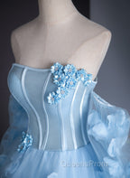 Cute Blue Tulle With Flowers Long Evening Dress, Blue Evening Gown Sweet 16 Dress