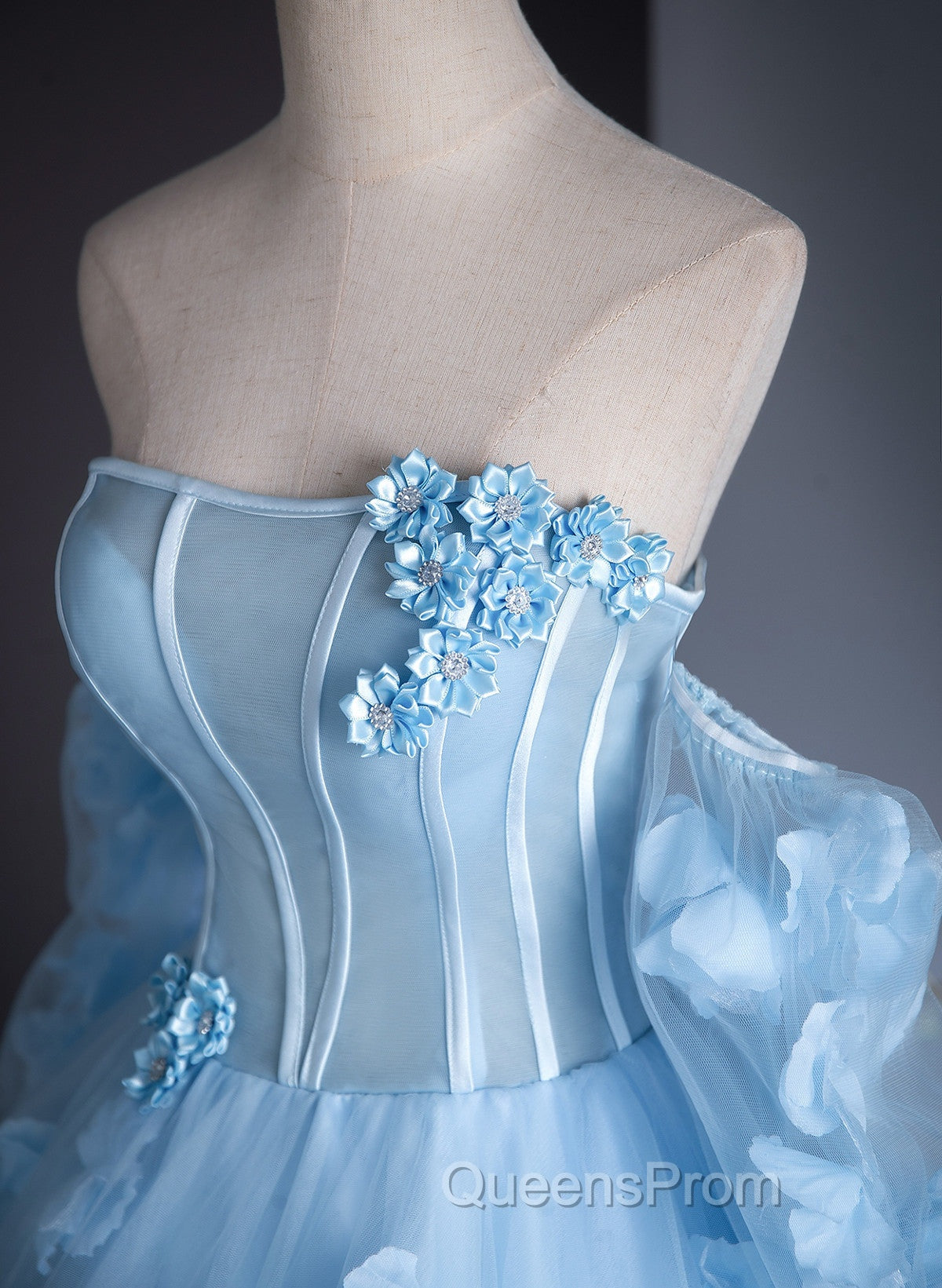Cute Blue Tulle With Flowers Long Evening Dress, Blue Evening Gown Sweet 16 Dress