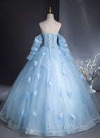 Cute Blue Tulle With Flowers Long Evening Dress, Blue Evening Gown Sweet 16 Dress