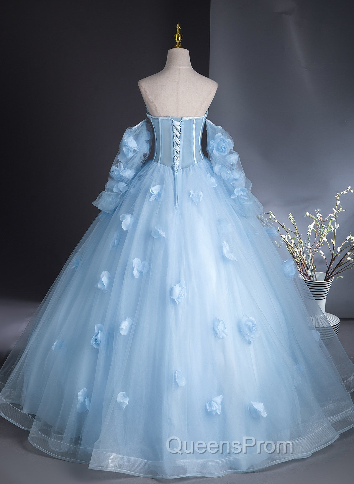 Cute Blue Tulle With Flowers Long Evening Dress, Blue Evening Gown Sweet 16 Dress