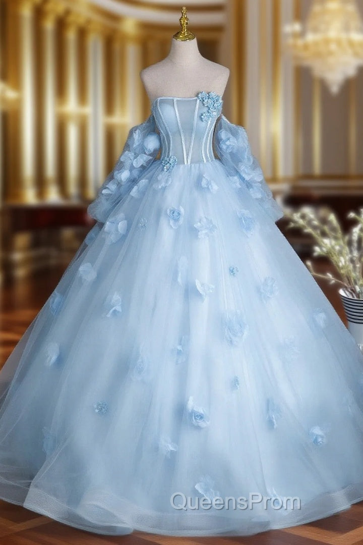 Cute Blue Tulle With Flowers Long Evening Dress, Blue Evening Gown Sweet 16 Dress Main image