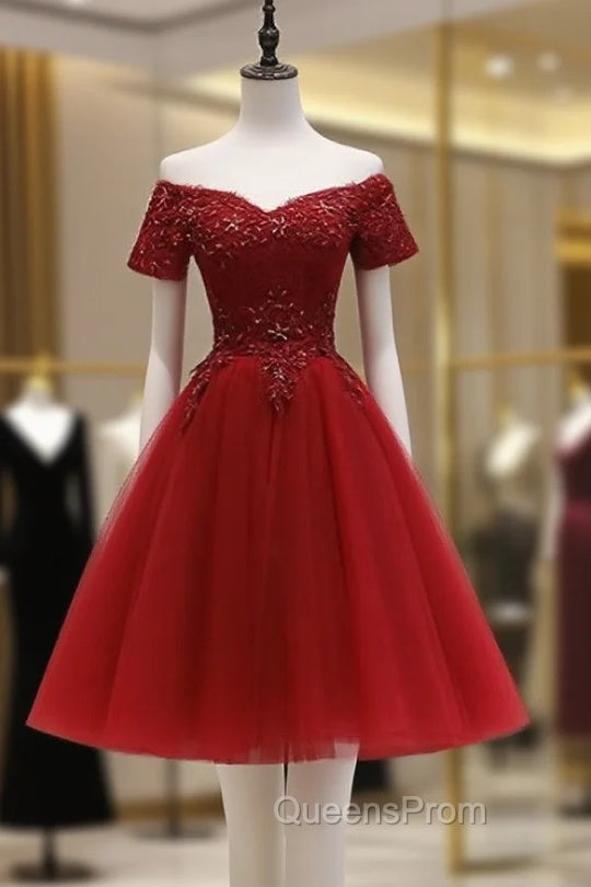 Cute Burgundy Off Shoulder Tulle Party Dress, Wine Red Homecoming Dress Secondary image