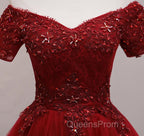 Cute Burgundy Off Shoulder Tulle Party Dress, Wine Red Homecoming Dress