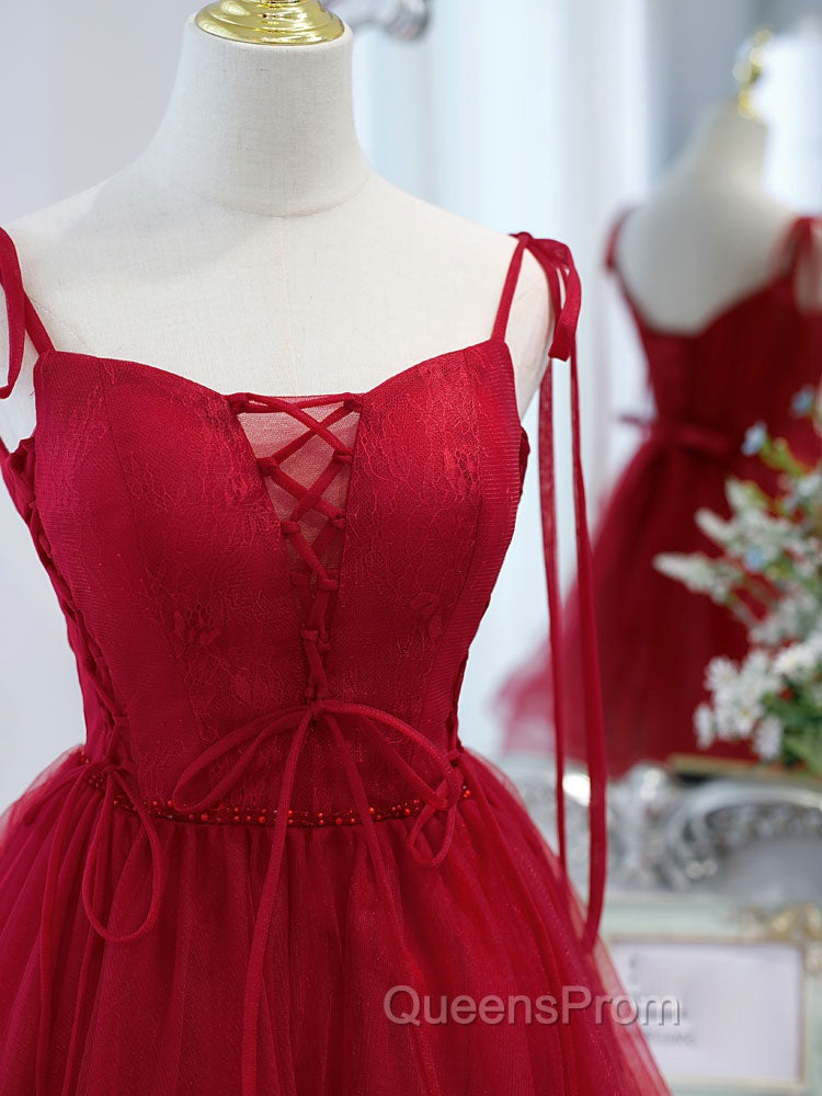 Cute Burgundy Tulle Lace Short Evening Prom Dress, Lace Burgundy Puffy Homecoming Dress