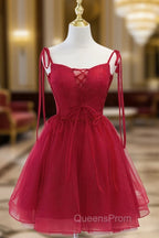 Cute Burgundy Tulle Lace Short Evening Prom Dress, Lace Burgundy Puffy Homecoming Dress