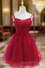 Cute Burgundy Tulle Lace Short Evening Prom Dress, Lace Burgundy Puffy Homecoming Dress