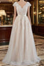 Cute Cap Sleeve V-neck Lace Tulle Wedding Dress