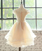 Cute Champagne Organza Layers Knee Length Homecoming Dress with Lace, Short Evening Prom Dress