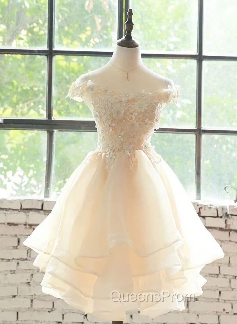 Cute Champagne Organza Layers Knee Length Homecoming Dress with Lace, Short Evening Prom Dress Main image