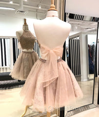 Cute champagne tulle lace short Evening Prom Dress, homecoming Dress