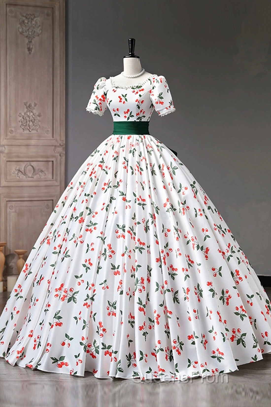 Cute Cherry Pattern Long Princess Evening Prom Dress, White A-Line Evening Party Dress Secondary image