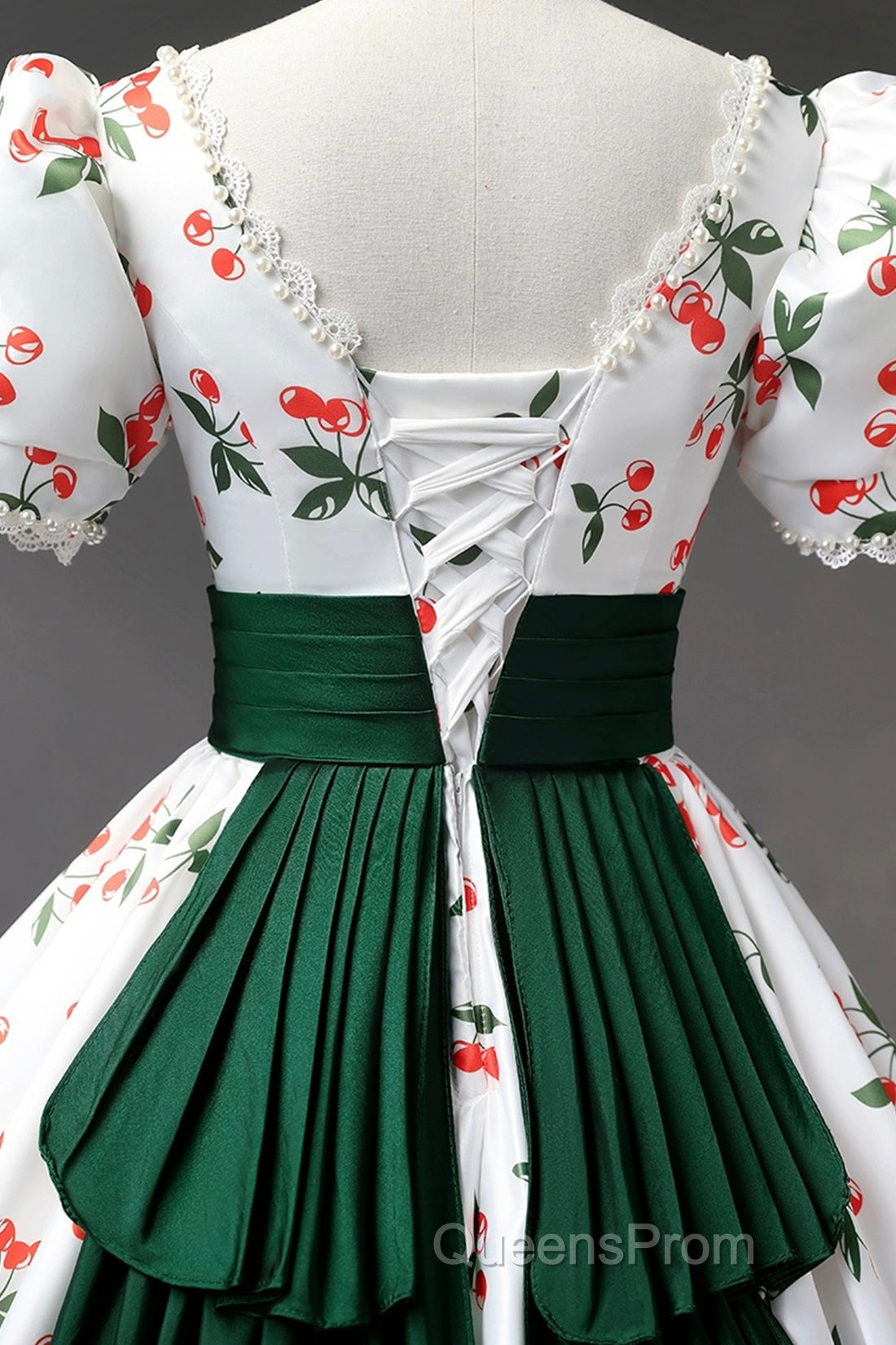 Cute Cherry Pattern Long Princess Evening Prom Dress, White A-Line Evening Party Dress