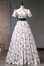 Cute Cherry Pattern Long Princess Evening Prom Dress, White A-Line Evening Party Dress