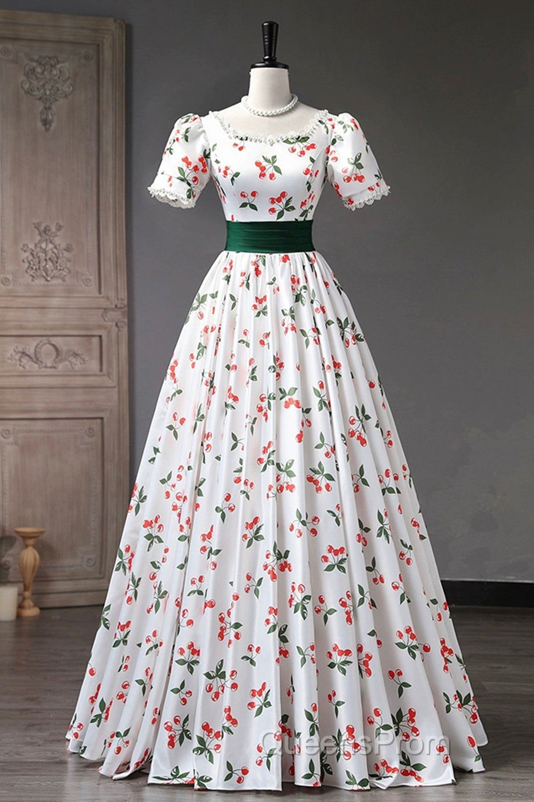 Cute Cherry Pattern Long Princess Evening Prom Dress, White A-Line Evening Party Dress