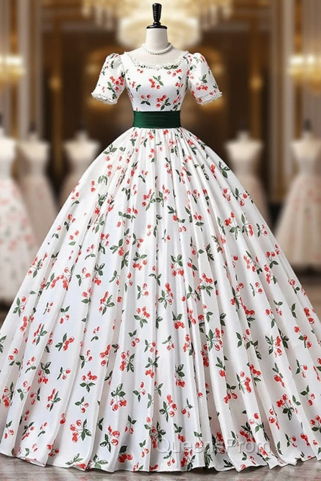Cute Cherry Pattern Long Princess Evening Prom Dress, White A-Line Evening Party Dress Main image