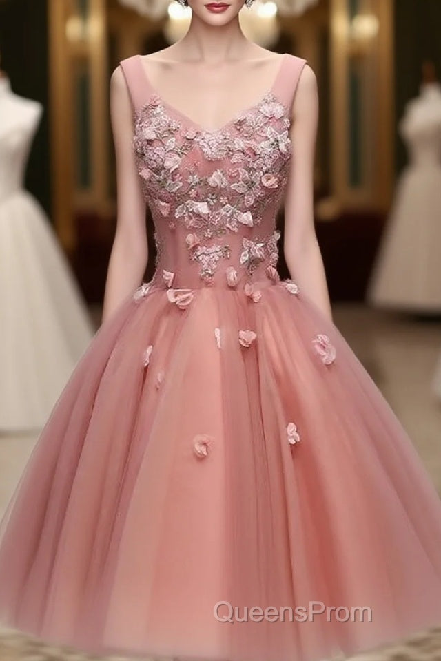 Cute Dark Pearl Pink Knee Length V-Neckline Flower Homecoming Dress, New Party Dress