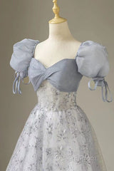 Cute Floral Printed Long Evening Prom Dress A Line Puff Sleeves Blue Party Gown