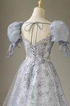 Cute Floral Printed Long Evening Prom Dress A Line Puff Sleeves Blue Party Gown