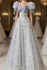 Cute Floral Printed Long Evening Prom Dress A Line Puff Sleeves Blue Party Gown