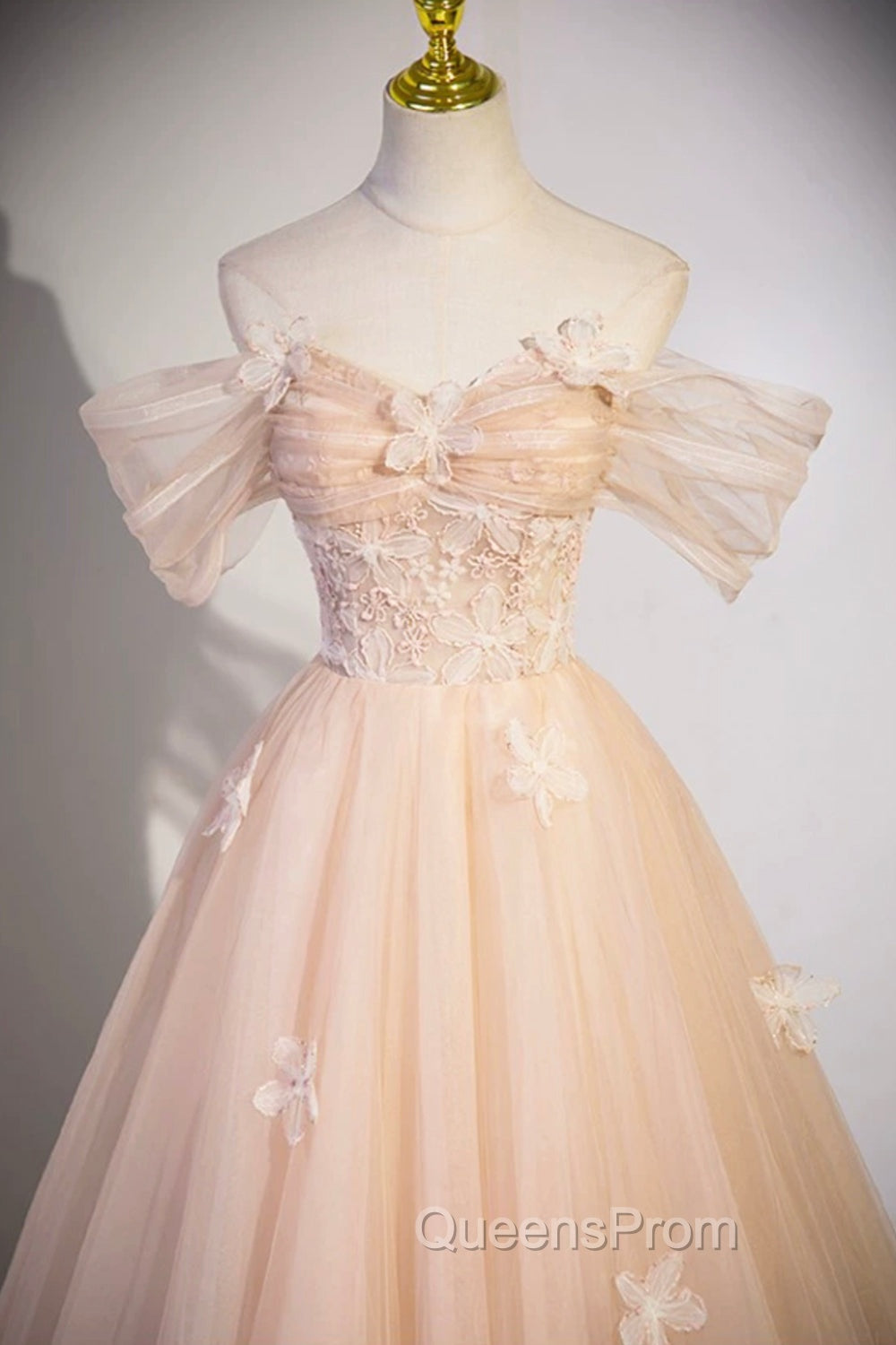 Cute Flowers Tulle Long Evening Dress, Off Shoulder Evening Dress