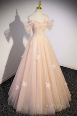 Cute Flowers Tulle Long Evening Dress, Off Shoulder Evening Dress