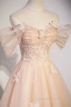 Cute Flowers Tulle Long Evening Dress, Off Shoulder Evening Dress