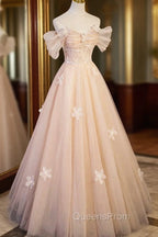 Cute Flowers Tulle Long Evening Dress, Off Shoulder Evening Dress