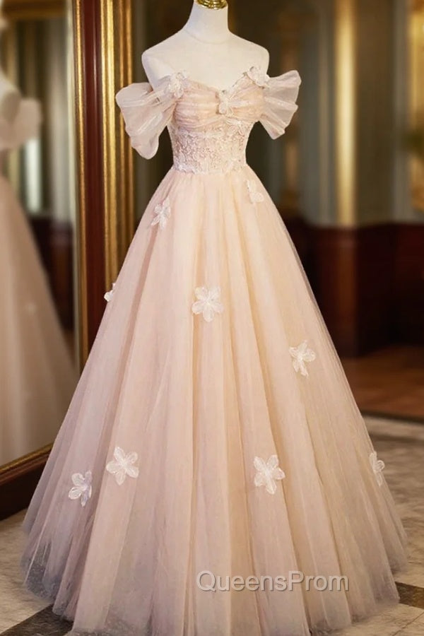 Cute Flowers Tulle Long Evening Dress, Off Shoulder Evening Dress